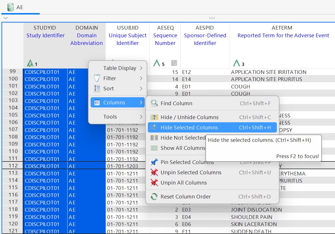 Right-click β Columns submenu showing Hide Selected Columns, Pin Selected Columns and related options