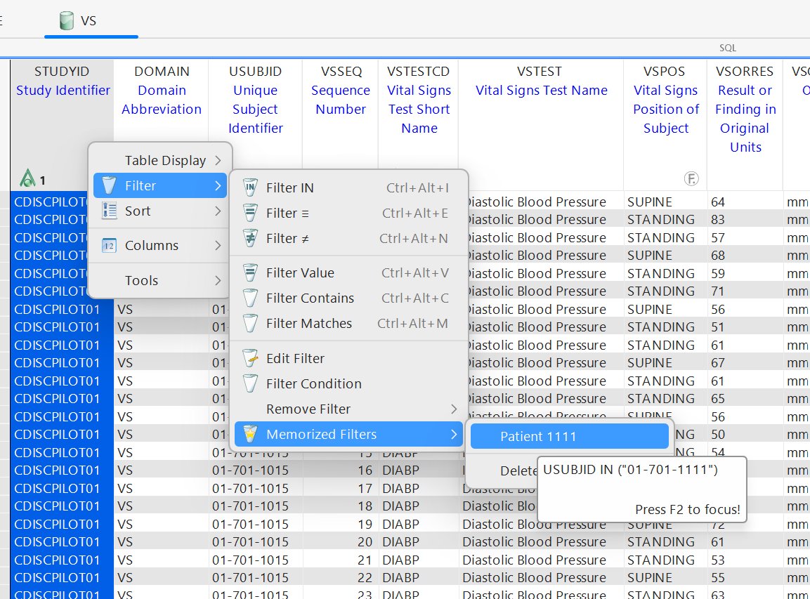 VS dataset, Filter β Memorized Filters β Patient 1111 - same named filter available, tooltip shows the underlying condition
