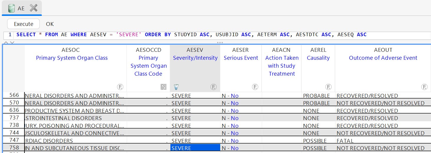 SQL bar expanded - the query built from sort and filter actions, with syntax highlighting and Execute / OK buttons