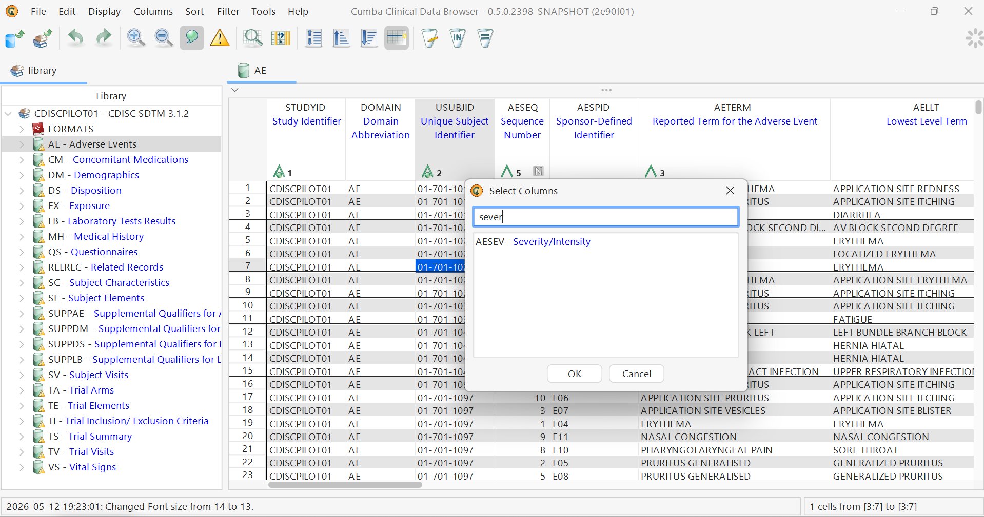 Find Column - typing "sever" matches AESEV by its label "Severity/Intensity"