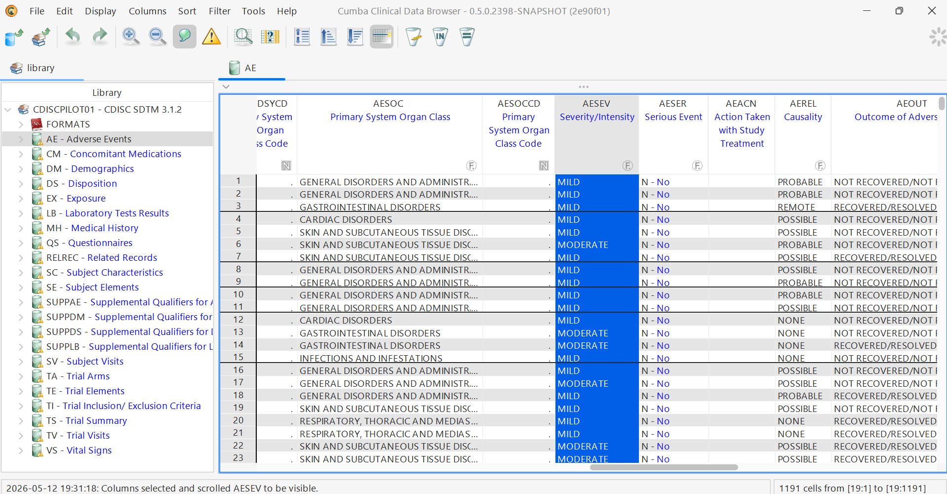 After Find Column - AESEV column scrolled into view and highlighted