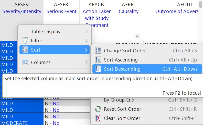 Right-click sort submenu with Sort Descending highlighted