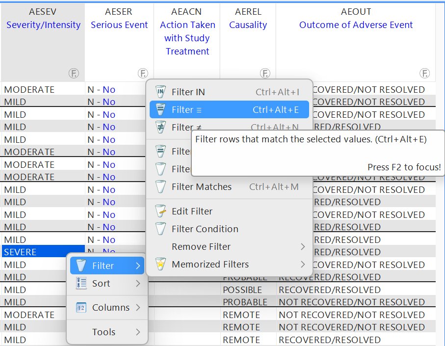 Right-click filter submenu with Filter β‘ highlighted on a SEVERE cell