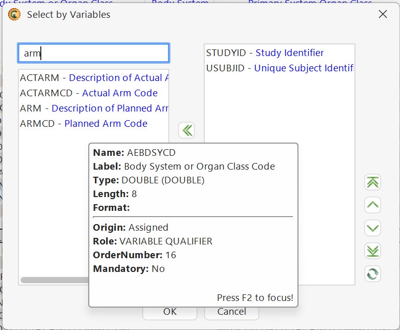 Select by Variables picker - typing "arm" finds ACTARM, ACTARMCD, ARM, ARMCD with full metadata tooltip on hover