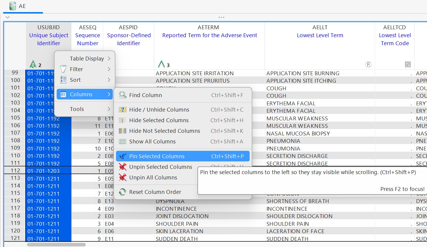 Columns β Pin Selected Columns with tooltip "Pin the selected columns to the left so they stay visible while scrolling."