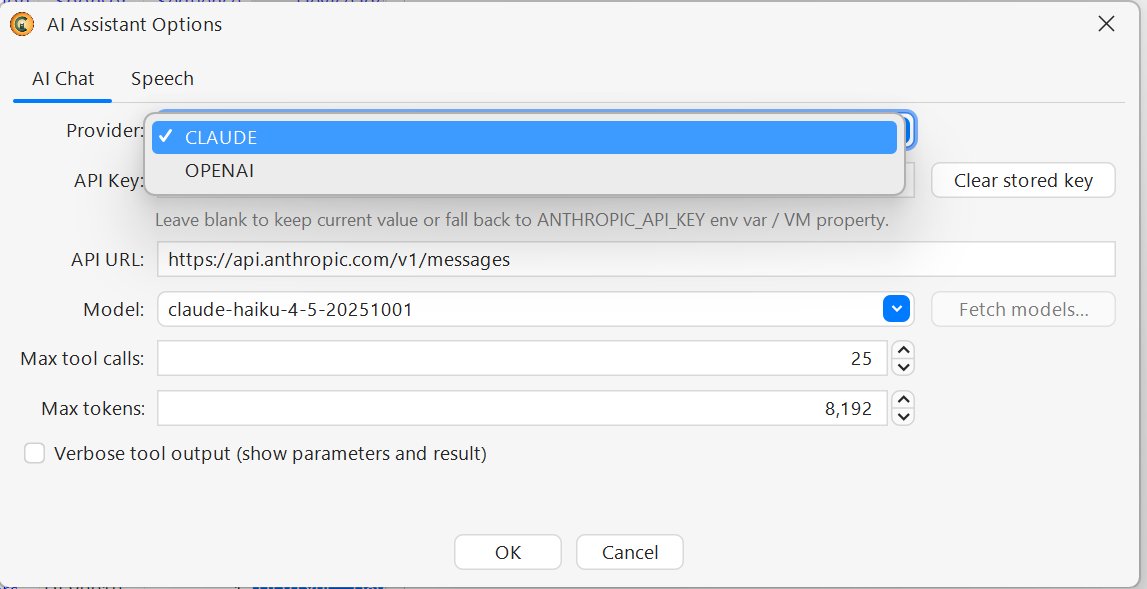 AI Assistant Options dialog - AI Chat tab with provider dropdown open