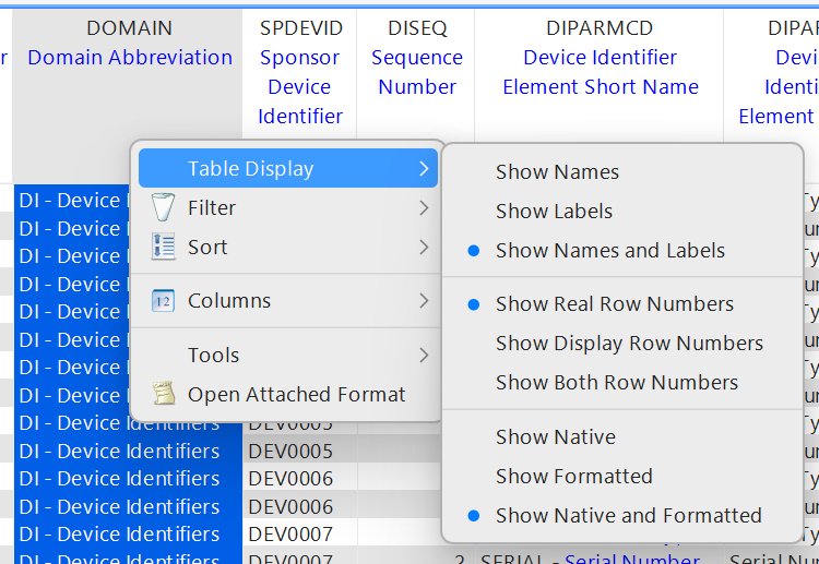 Column context menu - Table Display submenu