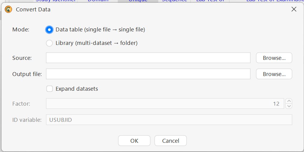Convert Data dialog - Mode (single file / library), Source, Output file, and the Expand datasets options