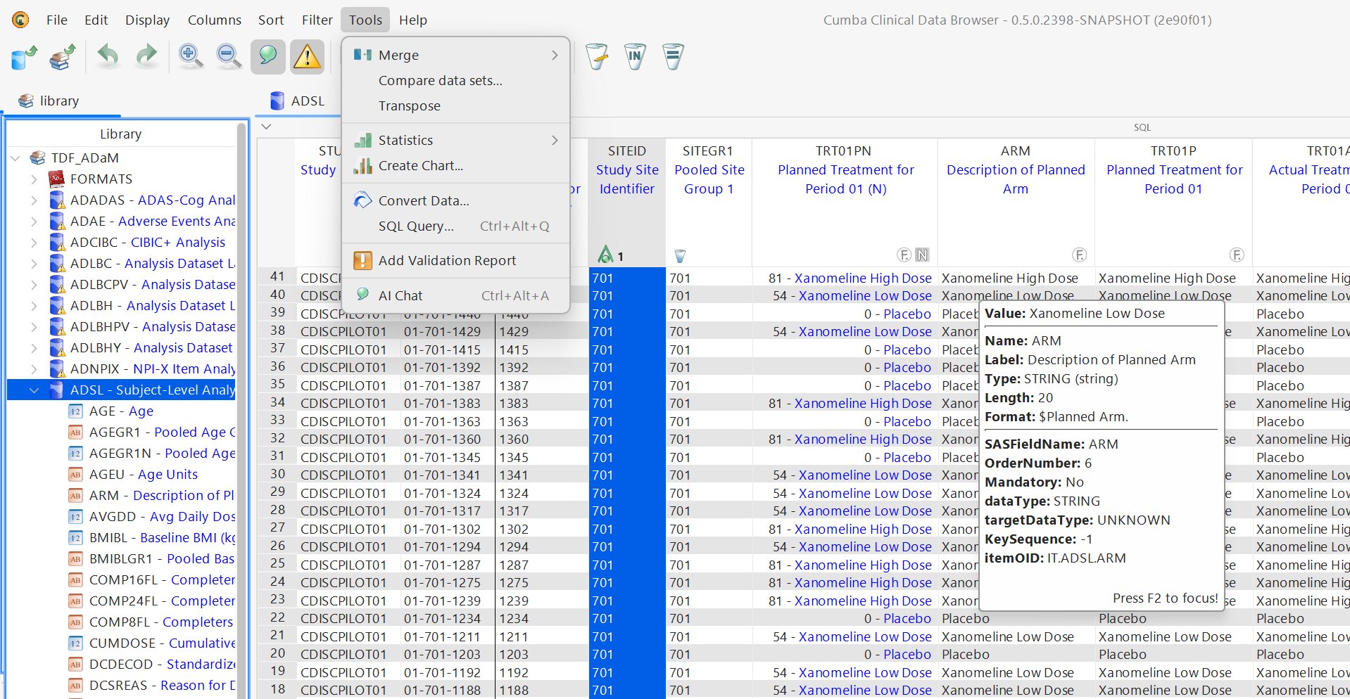 Cumba main window - Top Menu & Toolbar (A), Library Explorer (B), Workspace (C) with an opened ADSL dataset, Tools menu, and variable tooltip