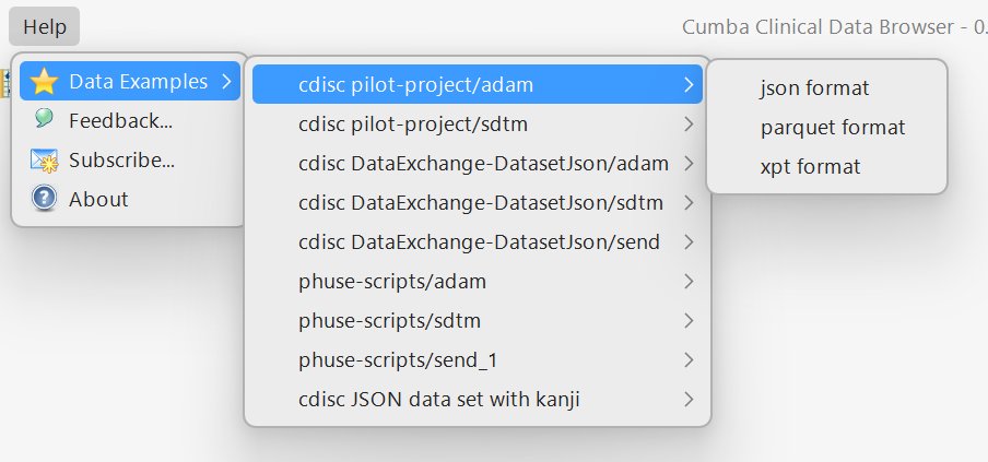 Help menu - Data Examples submenu open with sample data sources