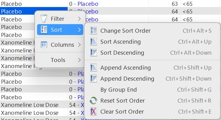 Sort context menu - Sort Ascending/Descending, Append, Change Sort Order, Reset and Clear Sort Order