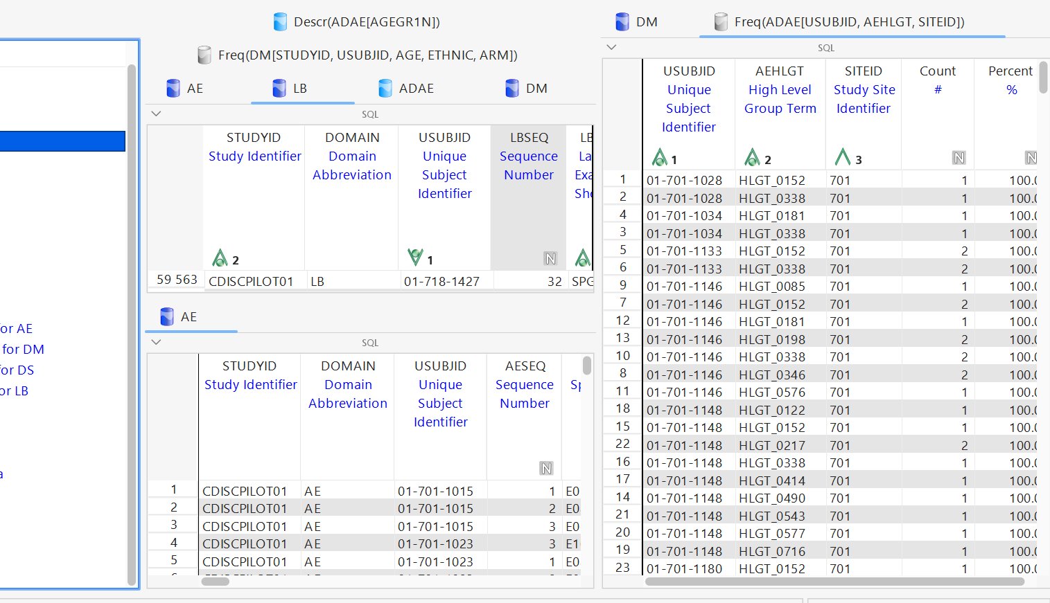 Statistics output as tabs - Frequency and Descriptive results open as their own datasets (e.g. Freq(DM[…]), Descr(ADAE[…]))
